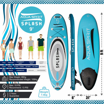 Aqua Spirit Splash Inflatable Stand Up SUP 9’x31”x6” Beginners Paddle Board For Kids/ Small Adults With Accessories, Paddle, Pump, Back Pack, Leash, Repair Kit, 2 Year Warranty - Aqua Spirit iSUPs